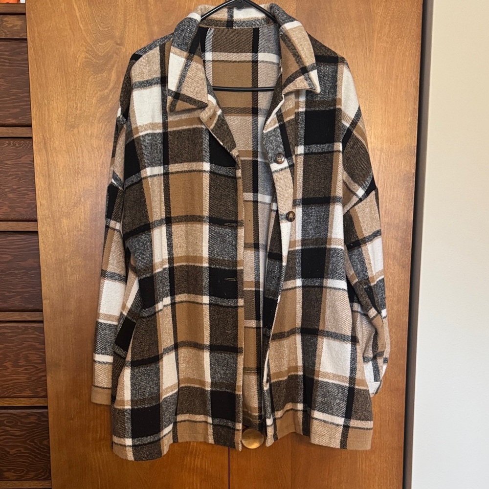 Plaid Women's Shacket Black, White, and Brown